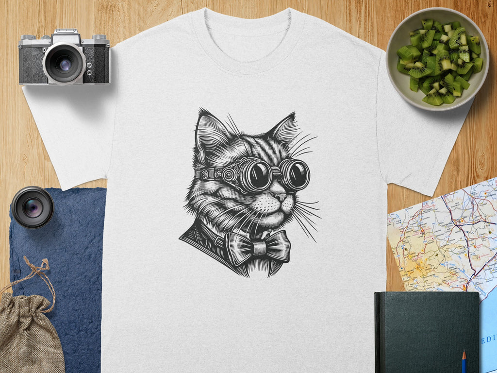 T-shirt with black and white drawing of a cat wearing goggles and a bow tie.