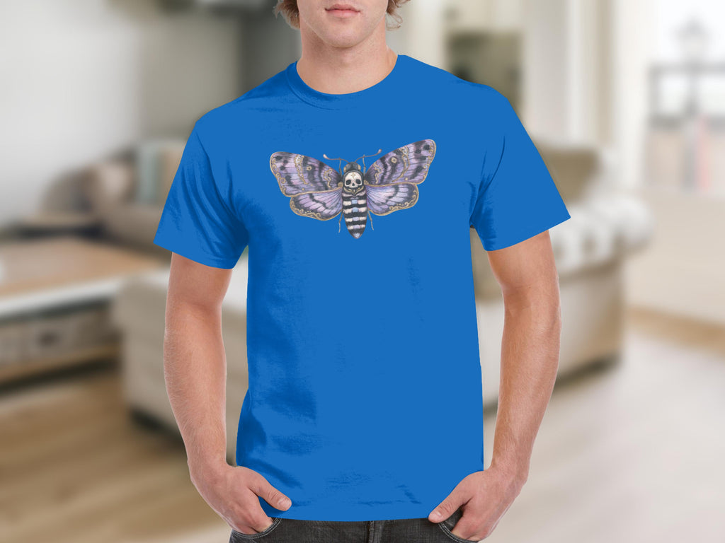 Blue t-shirt with a detailed death's head hawkmoth illustration and skull design.