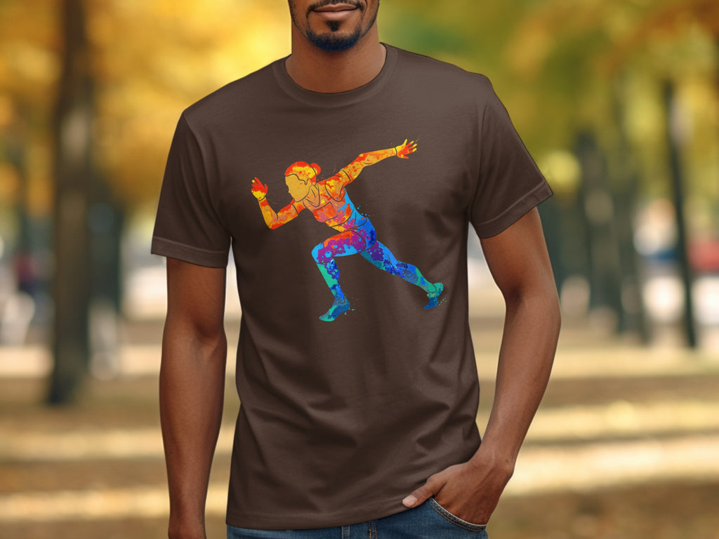 Brown t-shirt with a colorful abstract runner graphic.
