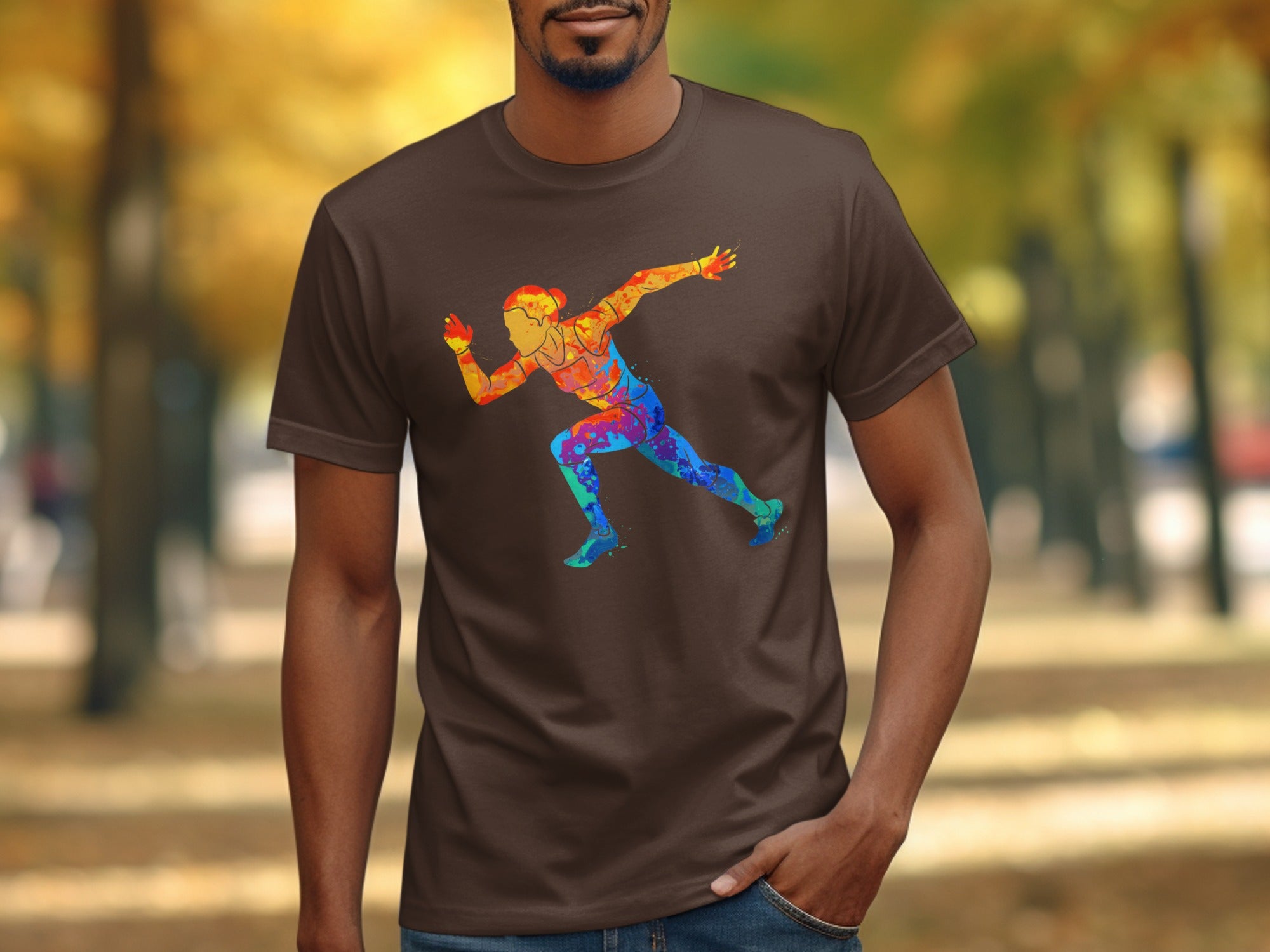 Brown t-shirt with a colorful abstract runner graphic.