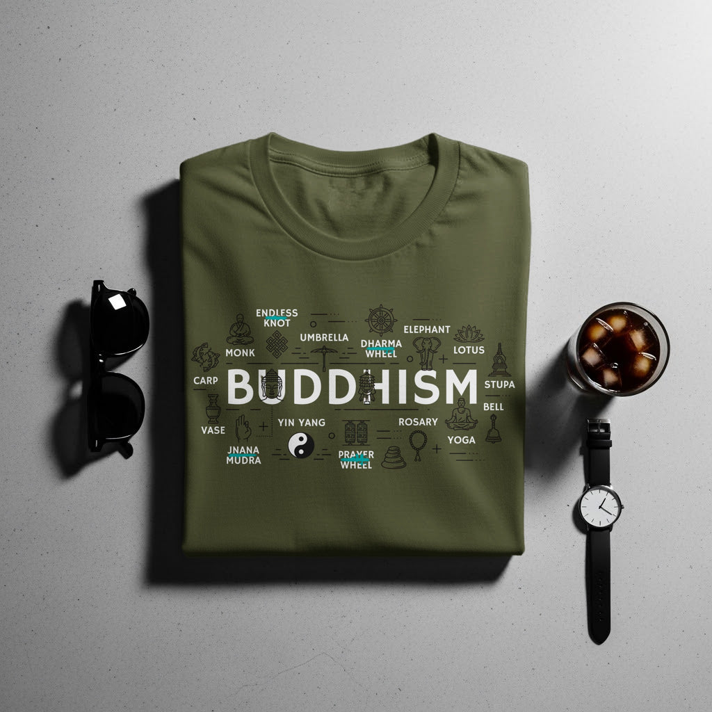 Green t-shirt with "Buddhism" text and associated symbols.