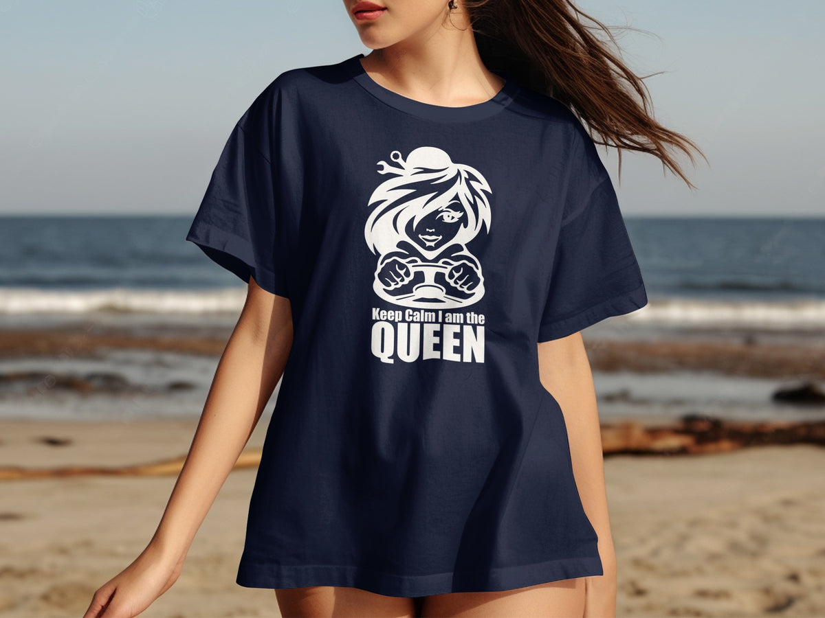 Navy t-shirt with white graphic of a woman holding a steering wheel and text.