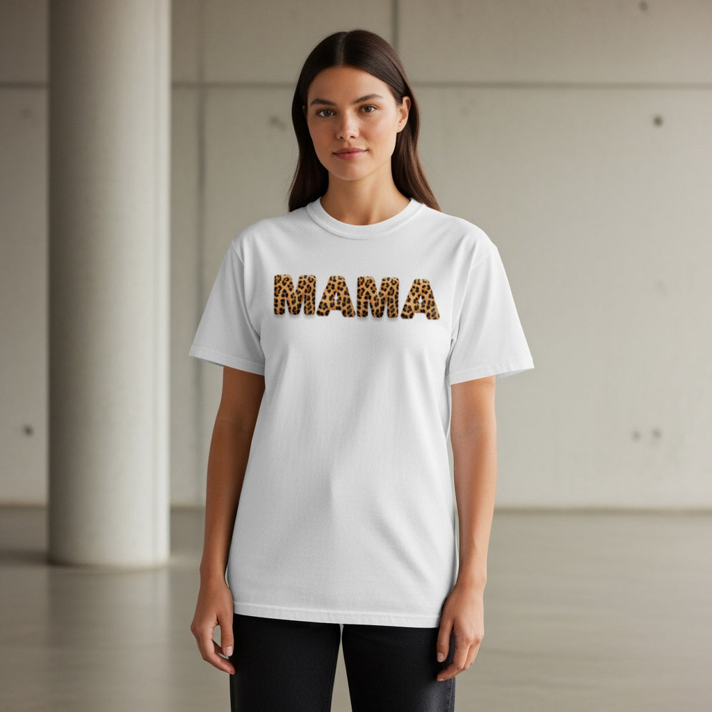 White t-shirt with "MAMA" in leopard print letters.