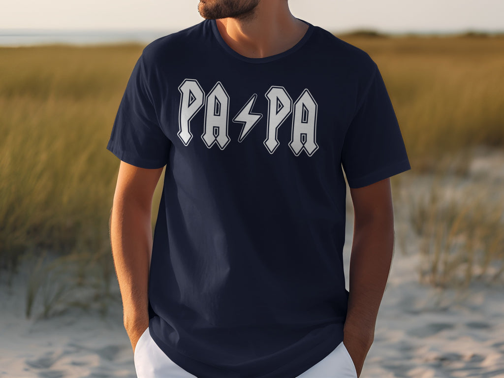 Dark blue t-shirt with white "PAPA" text and a lightning bolt symbol.