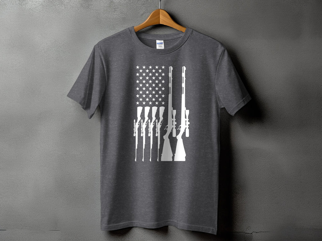 Dark gray t-shirt with white American flag design made of rifles.