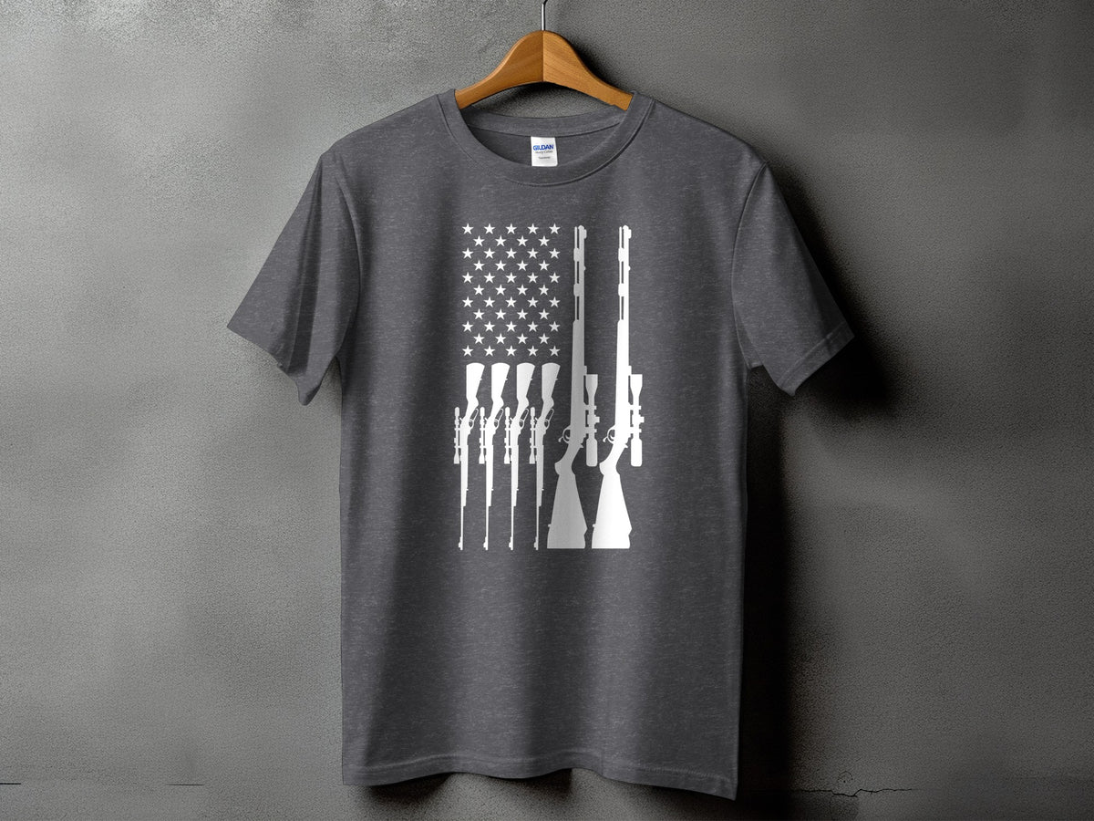 Dark gray t-shirt with white American flag design made of rifles.