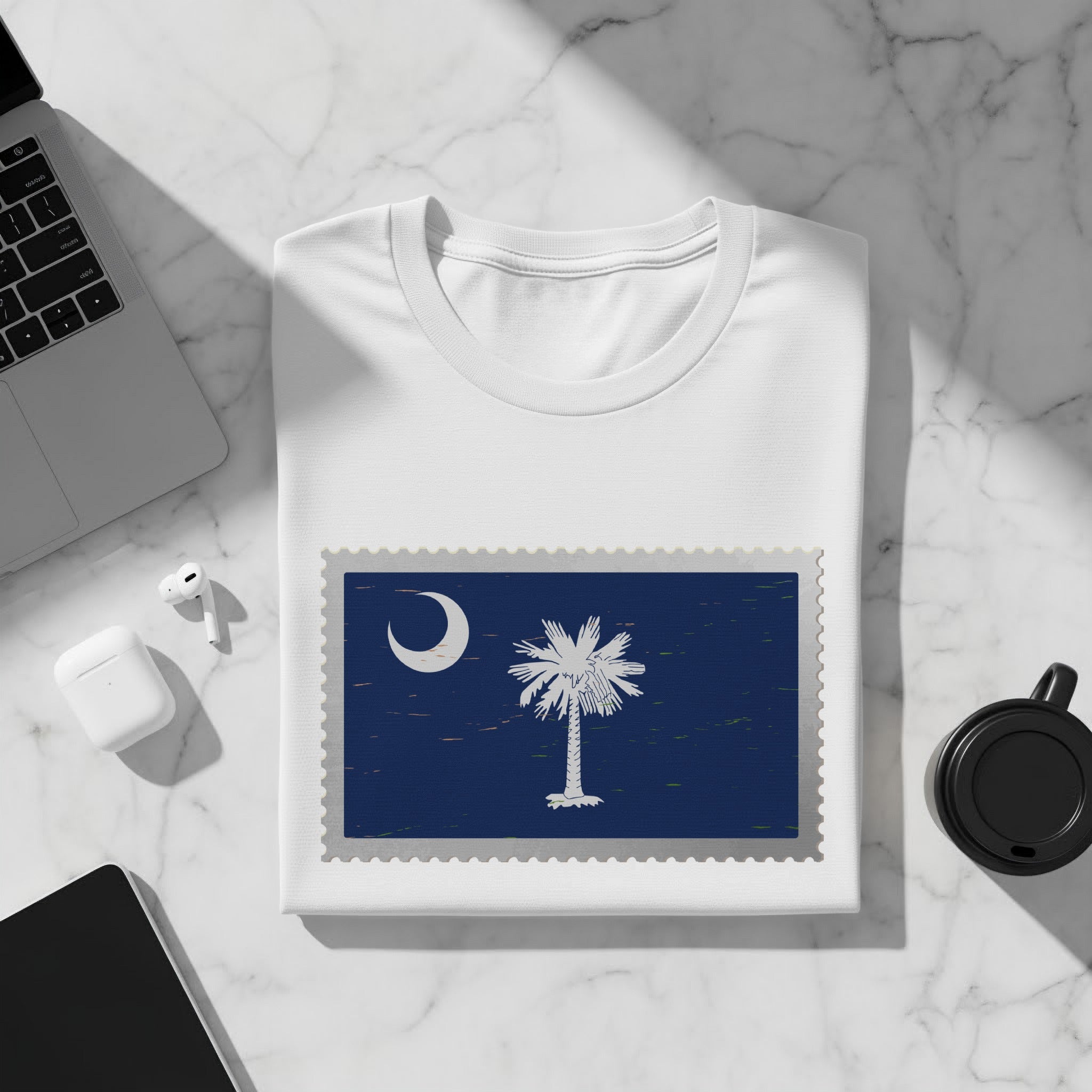 White t-shirt with South Carolina flag stamp design.