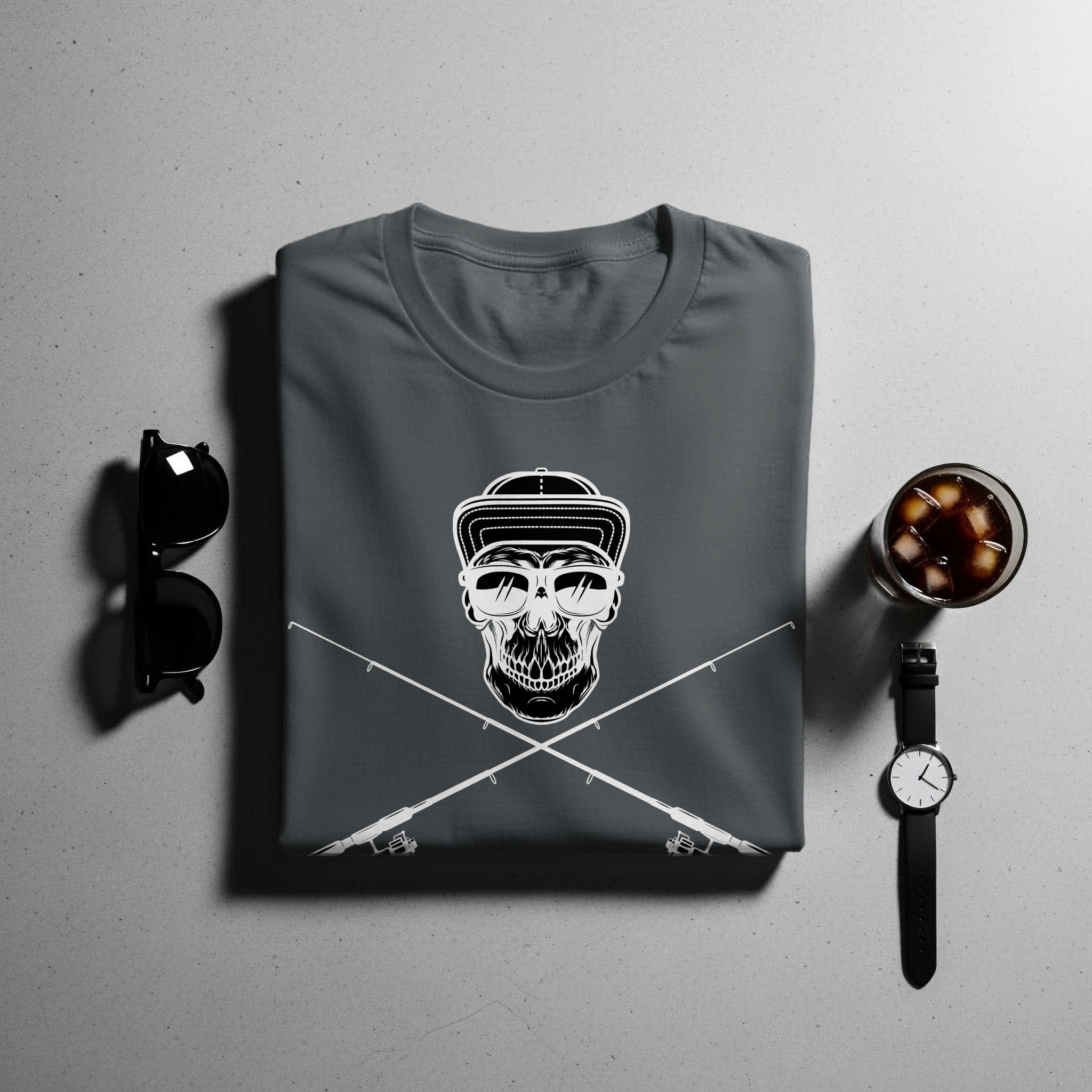 Gray t-shirt with skull graphic and crossed fishing rods.