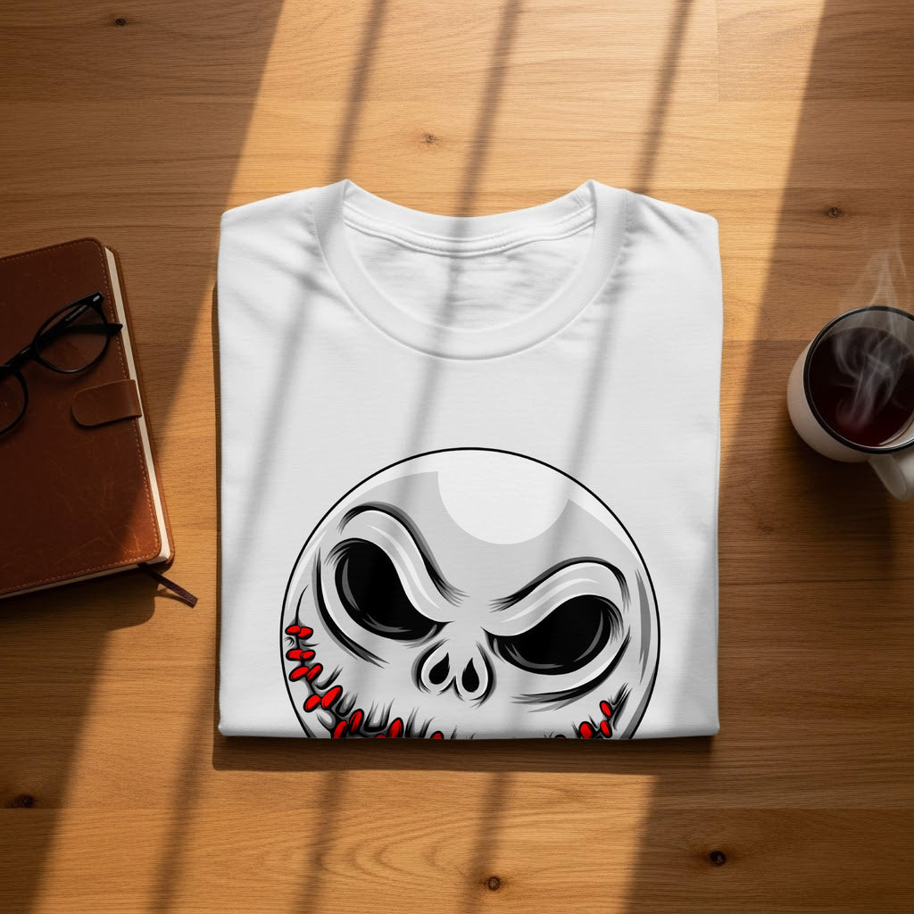 White t-shirt with a cartoon skull graphic with red stitches.