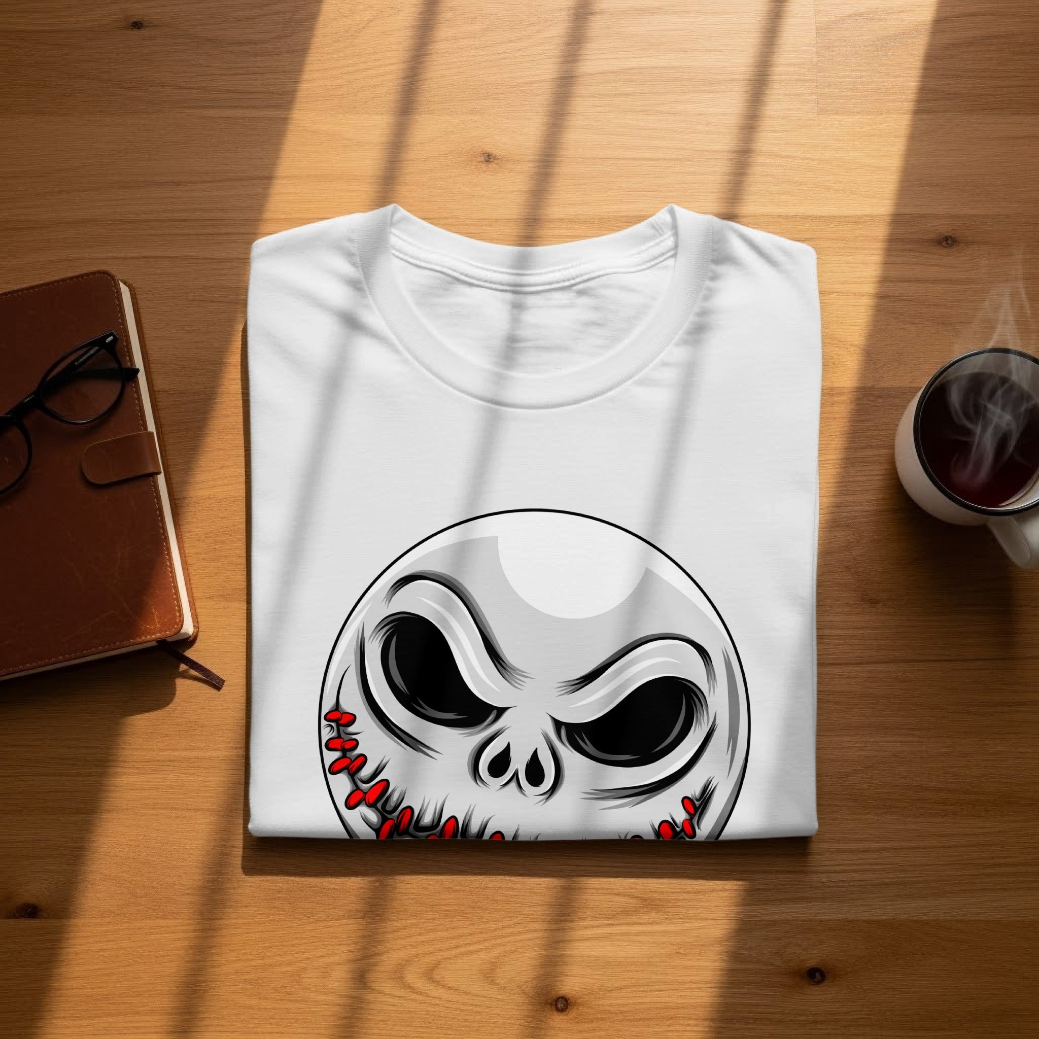 White t-shirt with a cartoon skull graphic with red stitches.