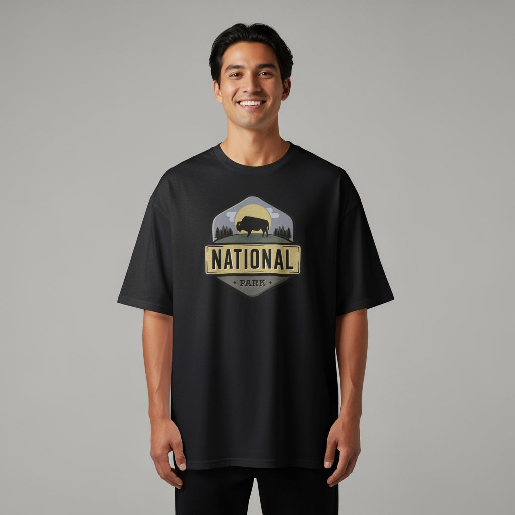 Black t-shirt with the words "NATIONAL PARK" and a bison design.