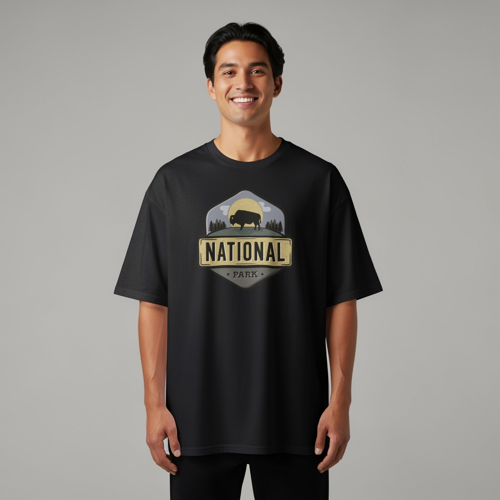 Black t-shirt with the words "NATIONAL PARK" and a bison design.