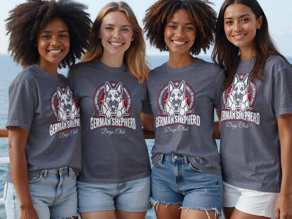 Four women wear grey t-shirts with a German Shepherd graphic and "German Shepherd Dogs Club" text.
