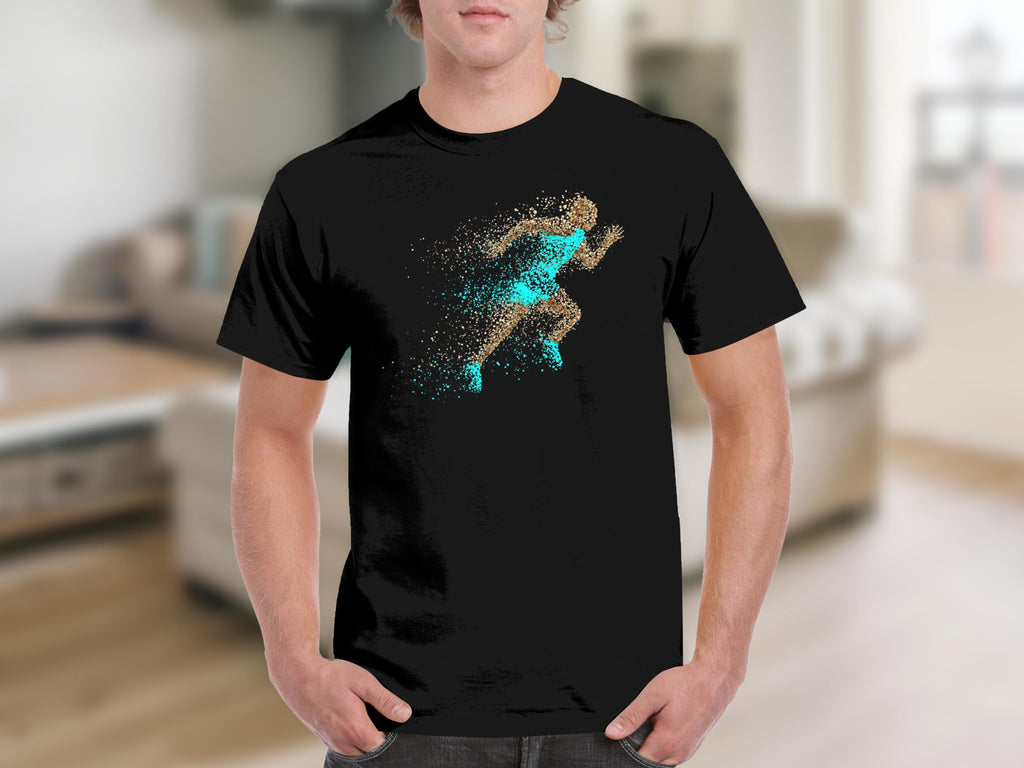 Black t-shirt with a running figure made of gold and teal particles.