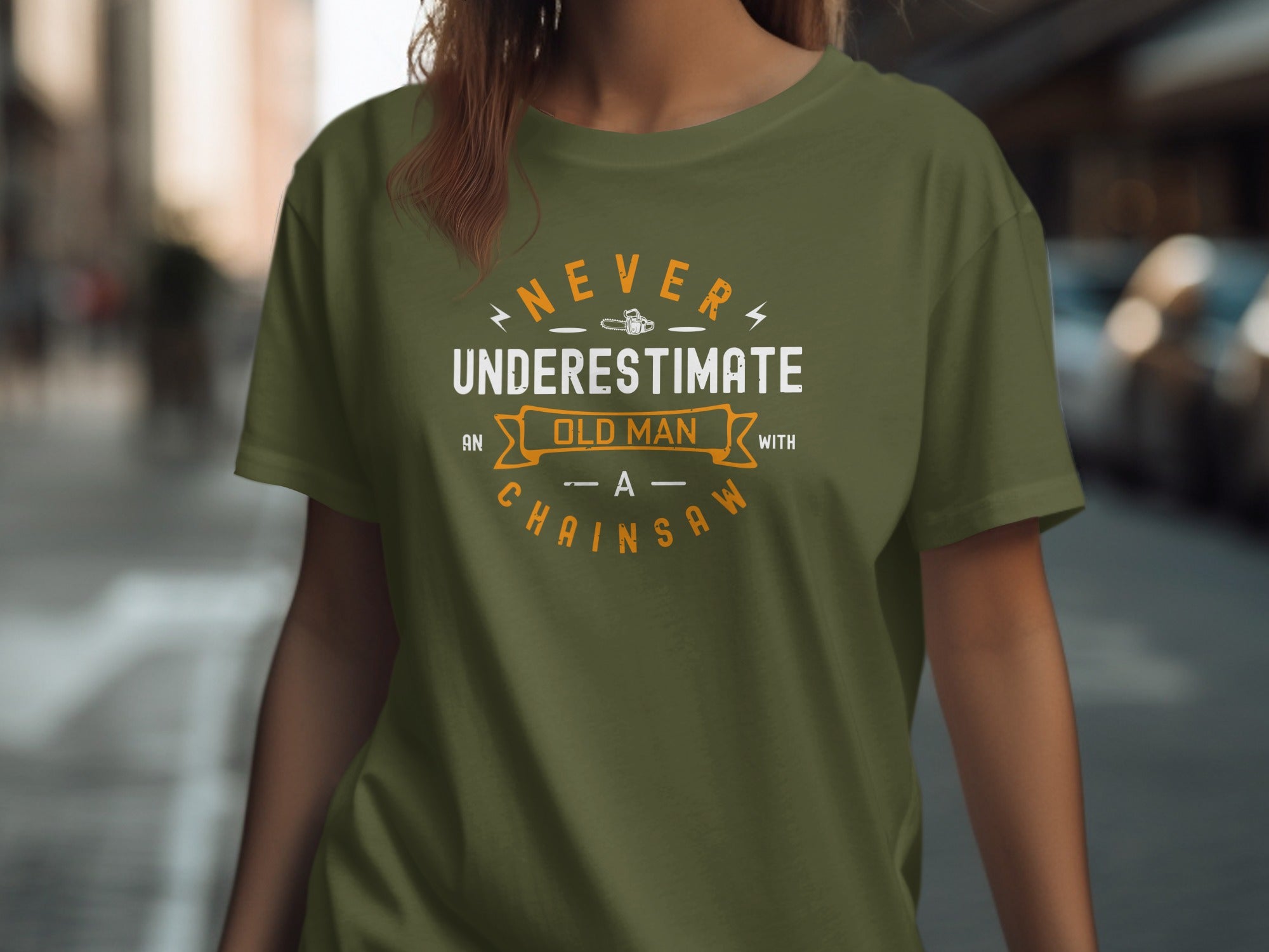 Never underestimate an old man with a chainsaw graphic t-shirt.
