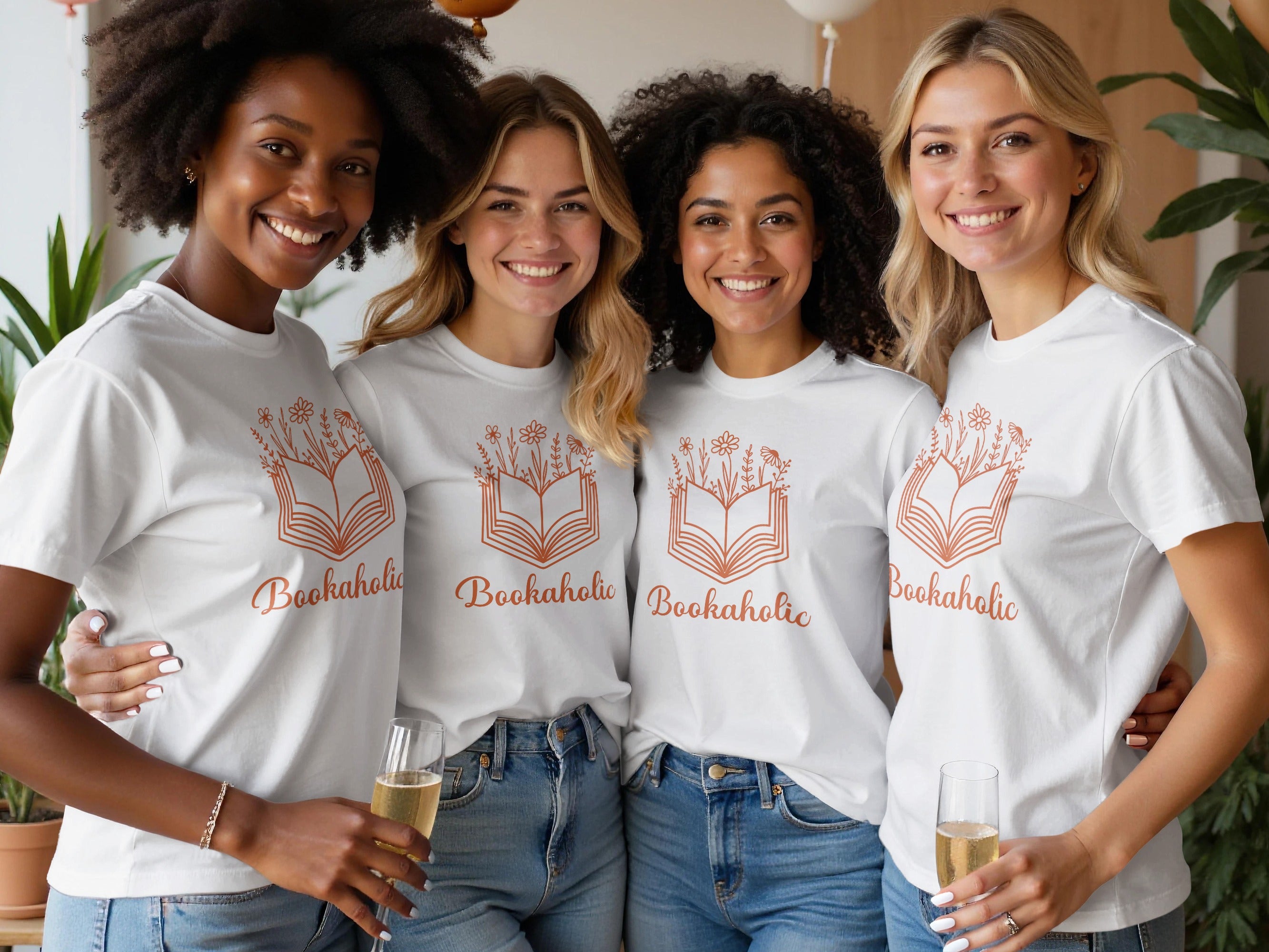 Four women wear white "Bookaholic" t-shirts, each with an open book and floral graphic.