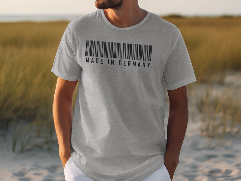 Grey t-shirt with barcode and "MADE IN GERMANY" text