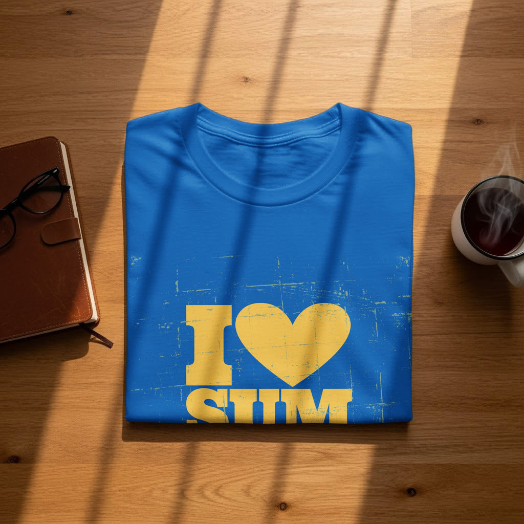 Blue t-shirt with distressed yellow text "I❤SHM" on a wooden table.