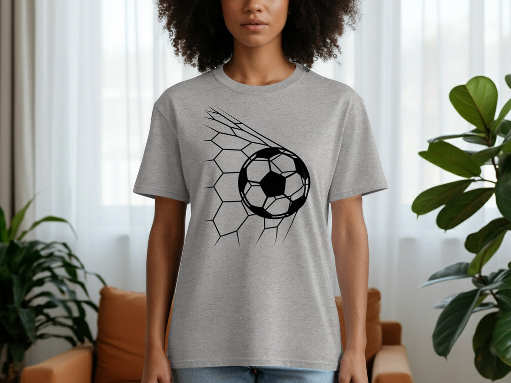 Gray t-shirt with a black soccer ball design breaking through a net.