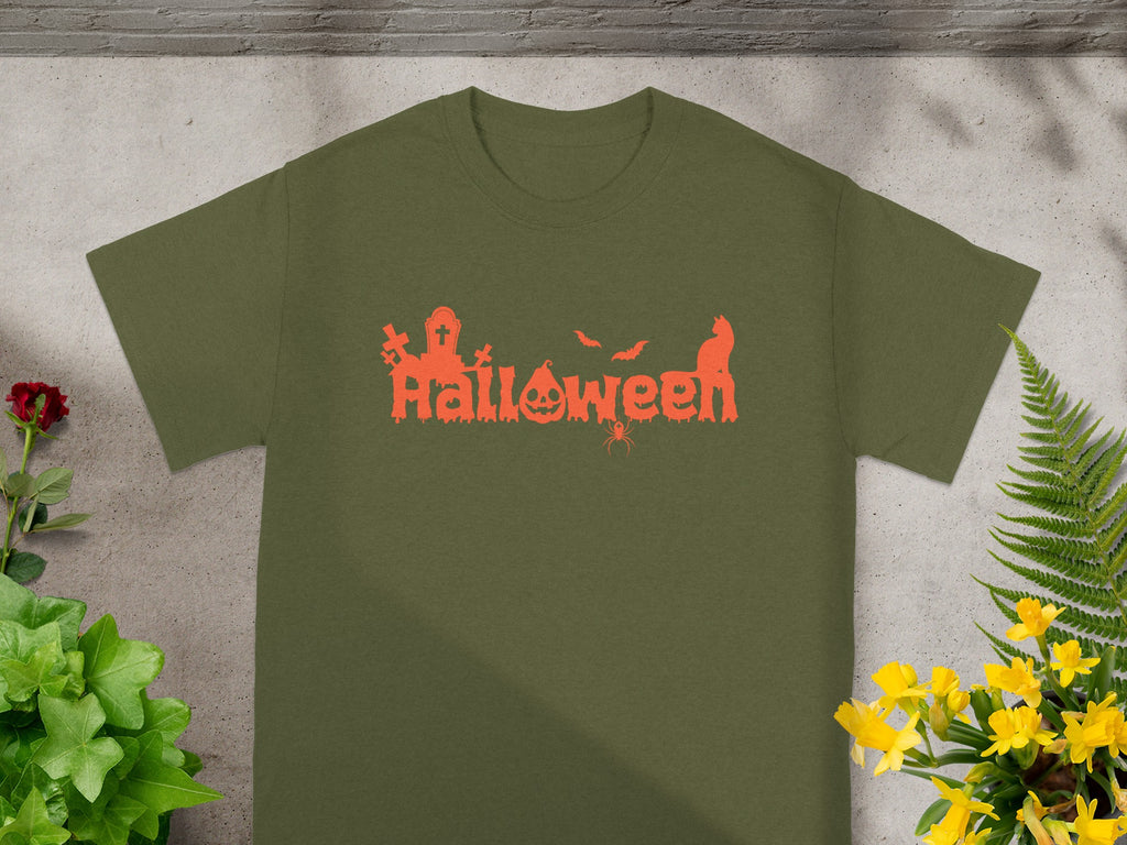 Olive green t-shirt with orange Halloween graphic including pumpkins, bats, and a cat.
