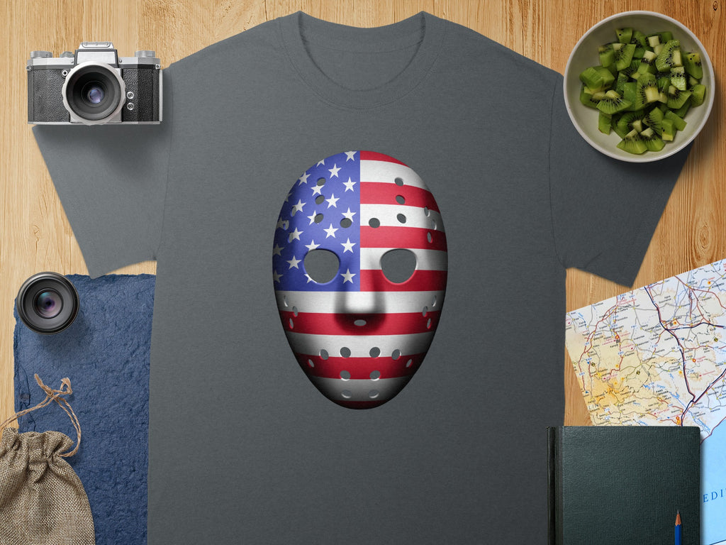 Hockey mask with American flag design on a dark grey t-shirt.