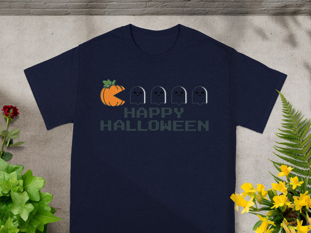 Navy t-shirt with Pac-Man style pumpkin and ghosts, "Happy Halloween".