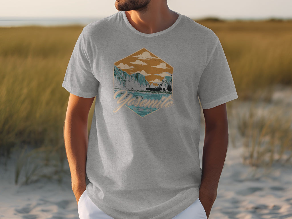 Grey t-shirt with hexagonal Yosemite National Park graphic featuring mountains and river.