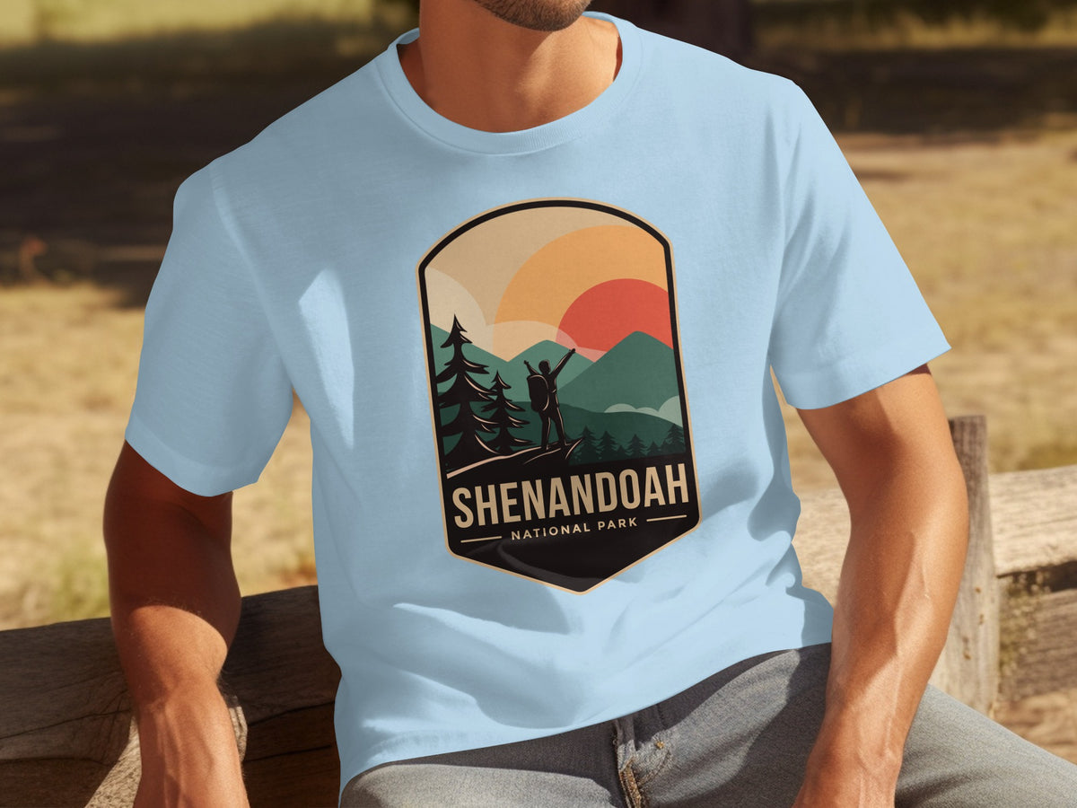 Shenandoah National Park graphic on a light blue t-shirt.