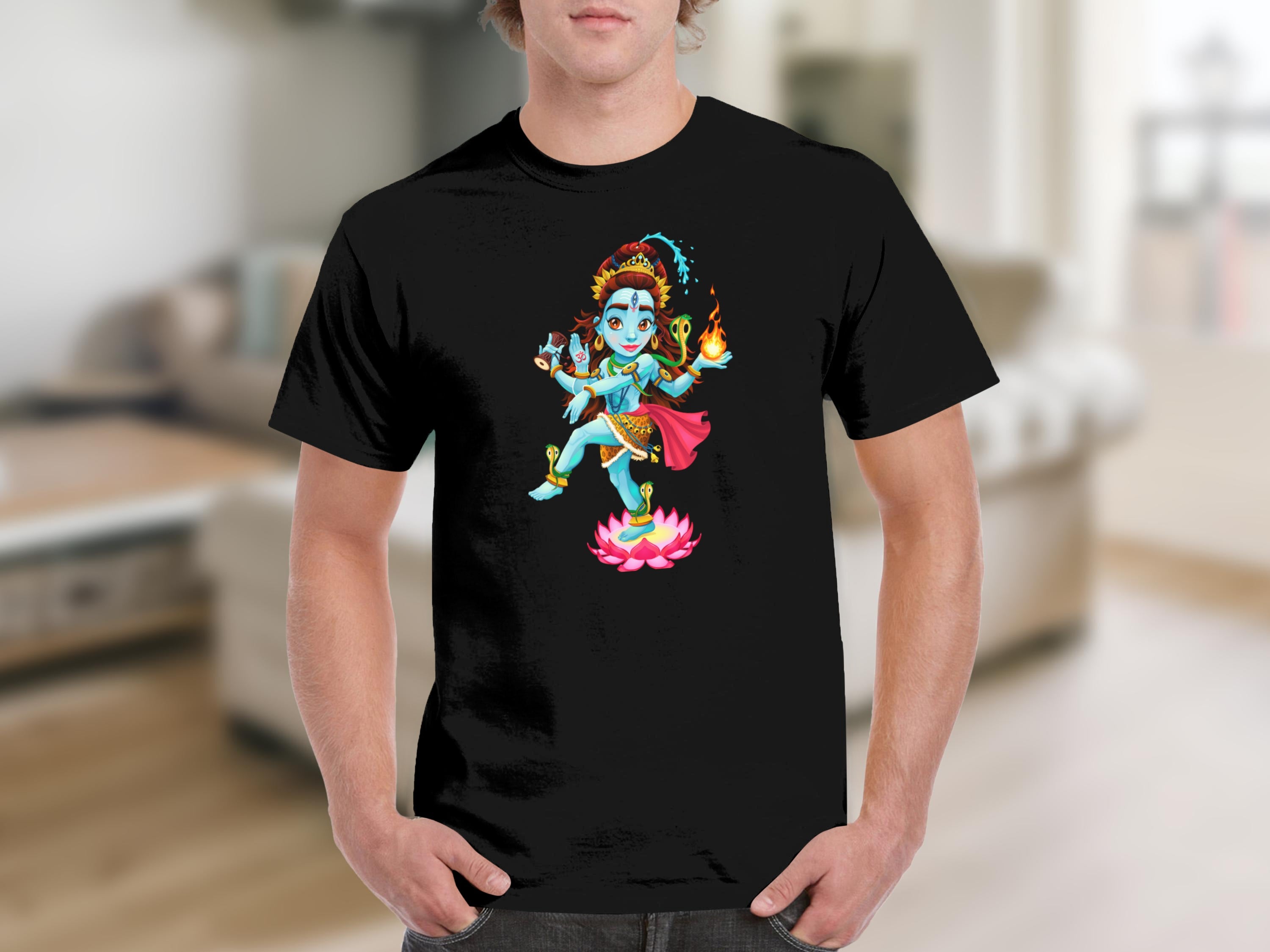 Black t-shirt with cartoon depiction of the Hindu deity Shiva dancing on a lotus.
