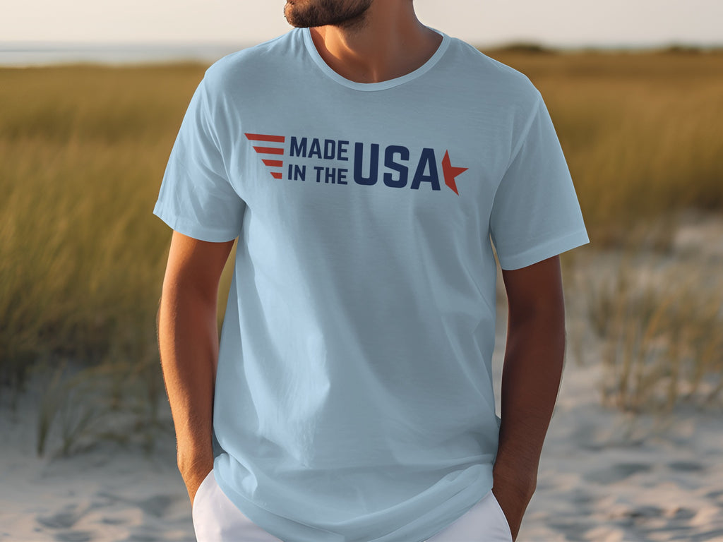Light blue t-shirt with "Made in the USA" text and graphic on the front.