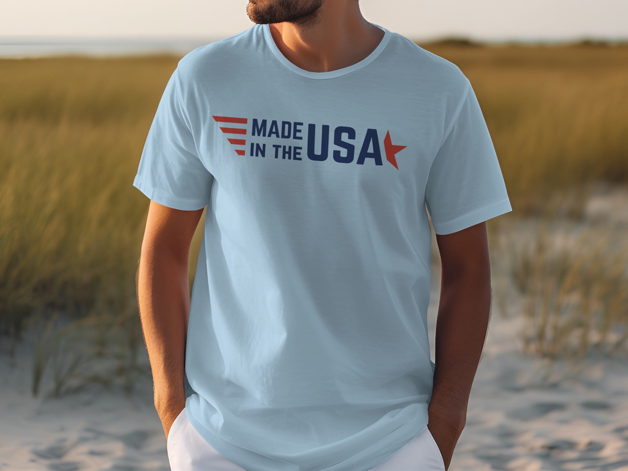 Light blue t-shirt with "Made in the USA" text and graphic on the front.