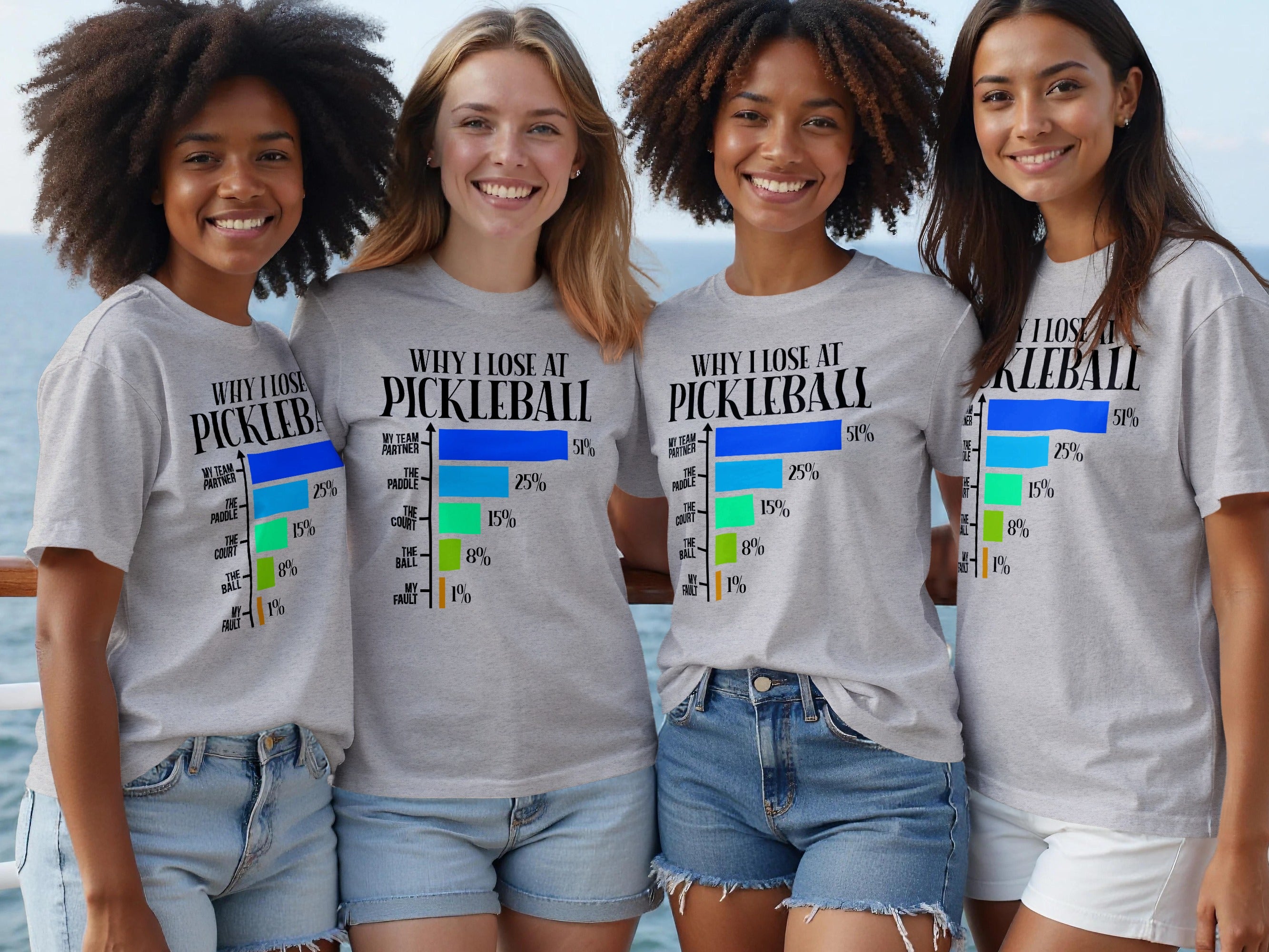 Four smiling women wear gray t-shirts with the text "Why I Lose at Pickleball" and a bar graph.