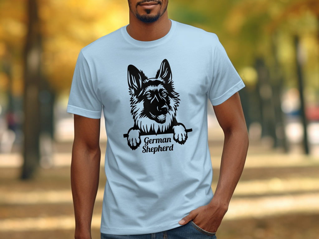 Light blue t-shirt with black German Shepherd graphic and text.