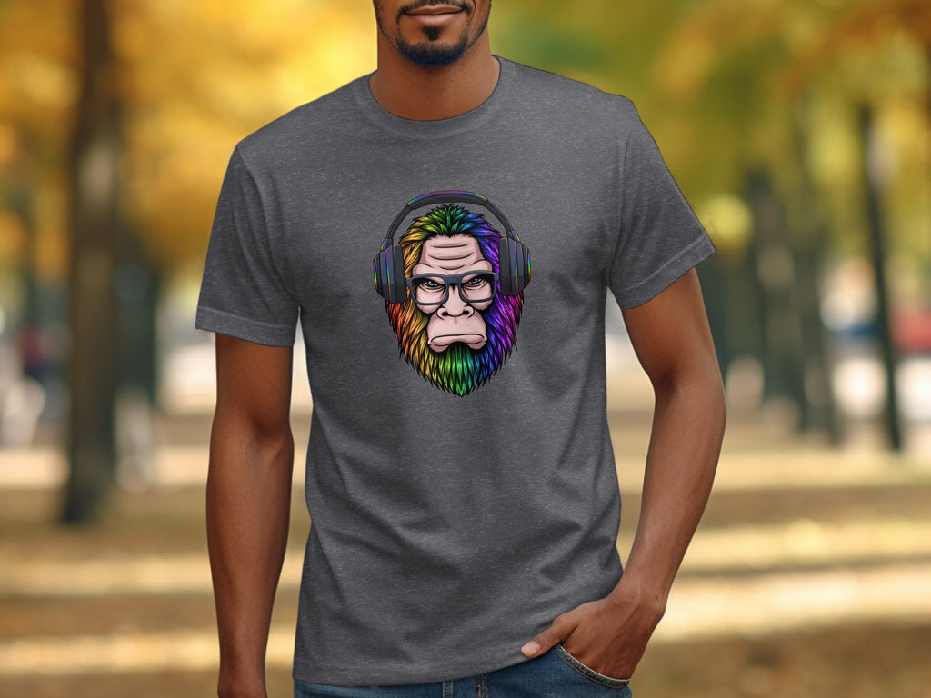 Graphic of a colorful ape wearing headphones and glasses on a t-shirt.