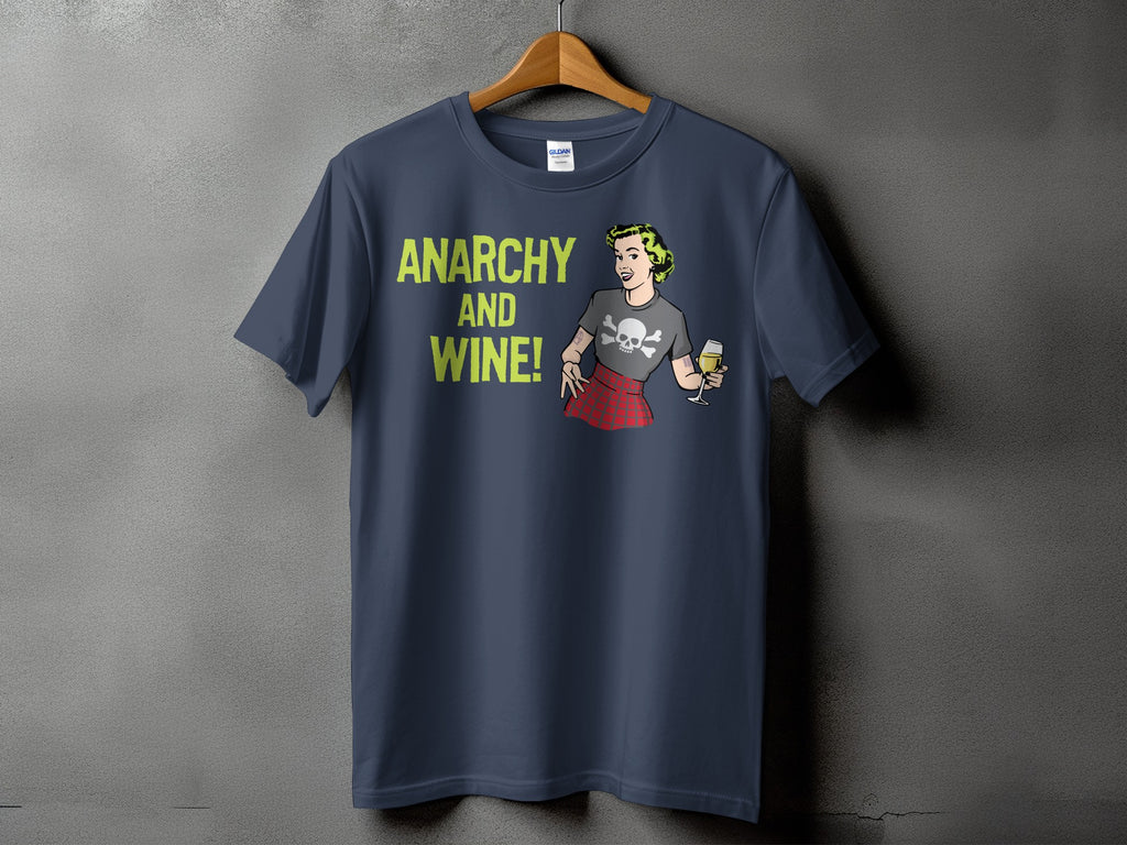 Dark blue t-shirt with text "Anarchy and Wine!" and cartoon woman with skull shirt.