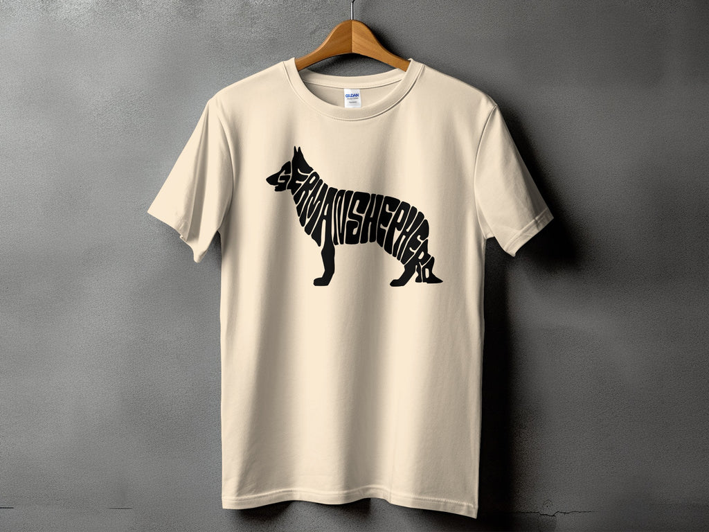 Cream t-shirt with "GERMAN SHEPHERD" text forming the silhouette of a German Shepherd dog.