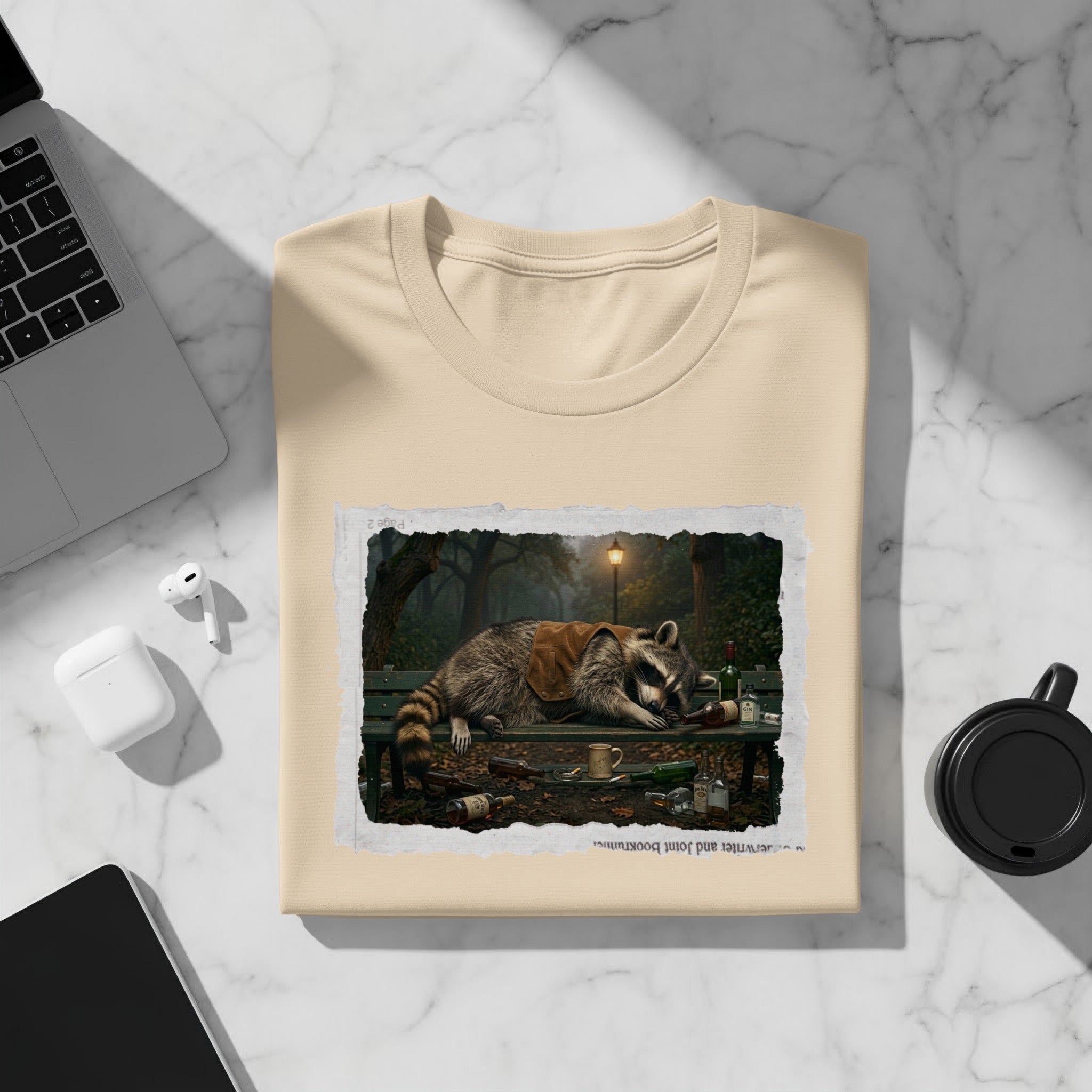 T-shirt with a print of a raccoon sleeping on a park bench surrounded by bottles.