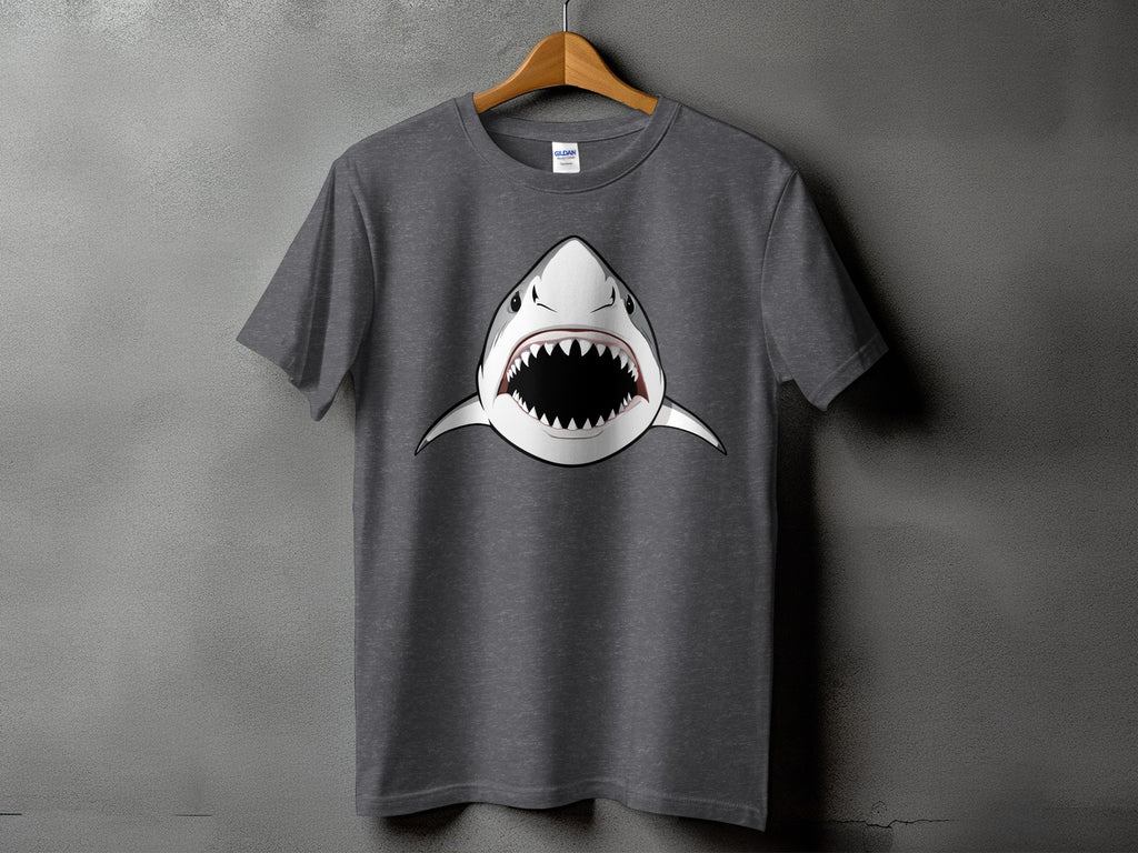 Dark gray t-shirt with a cartoon shark graphic showing its open mouth and sharp teeth.