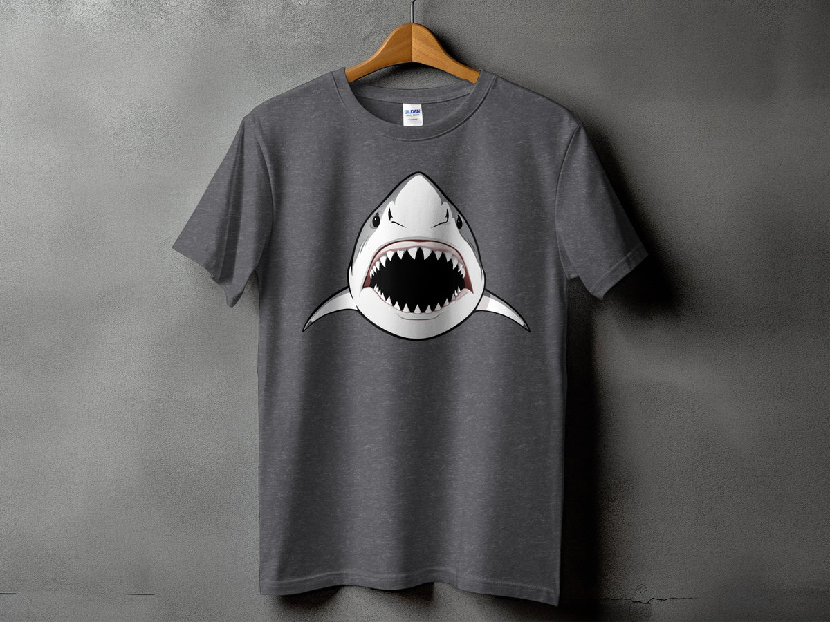 Dark gray t-shirt with a cartoon shark graphic showing its open mouth and sharp teeth.