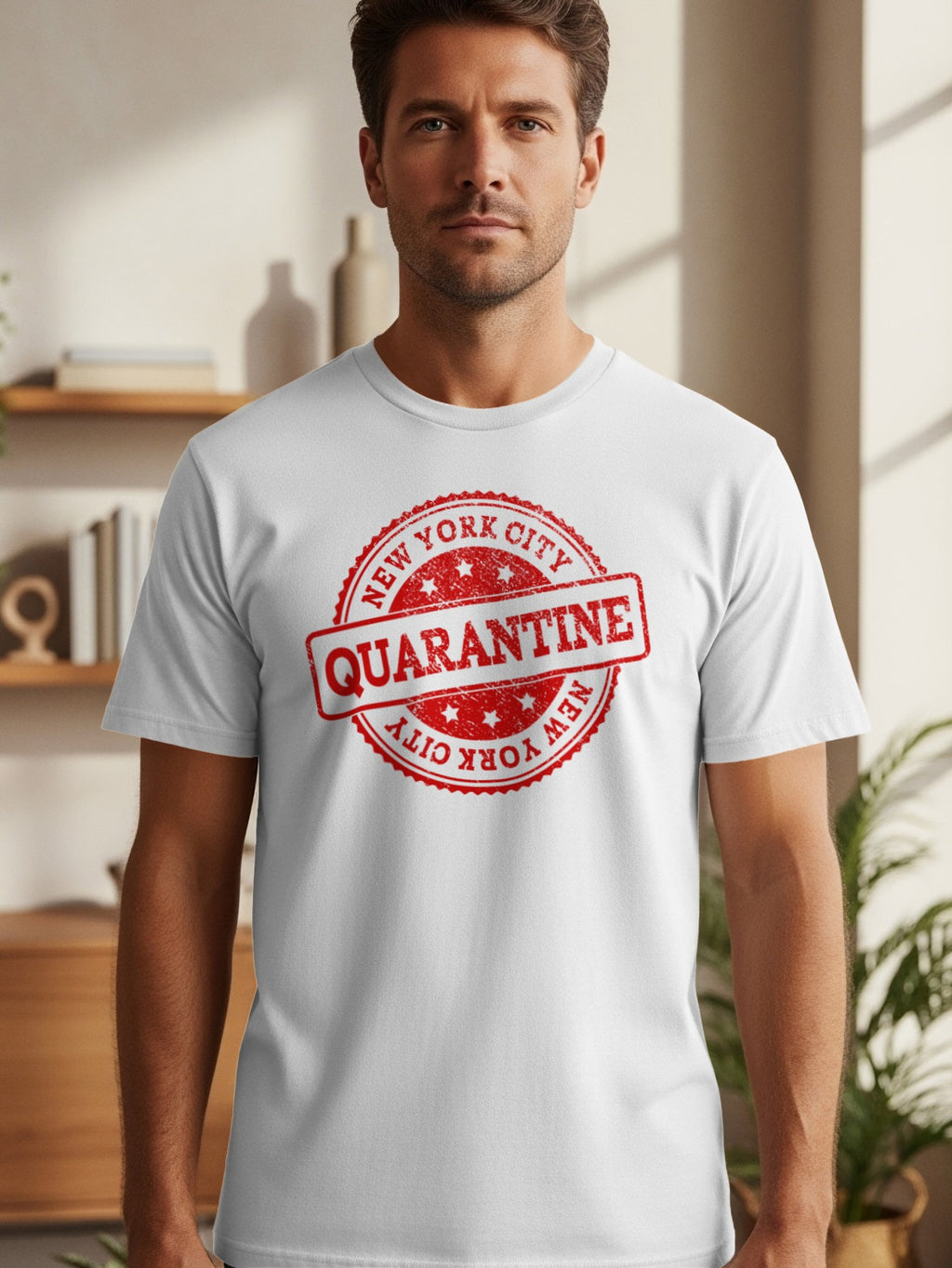 White t-shirt with red New York City Quarantine stamp graphic.