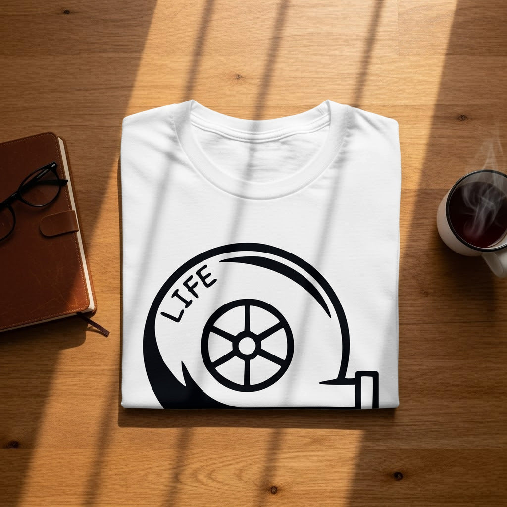 White t-shirt with black graphic of a wheel and the word "LIFE".