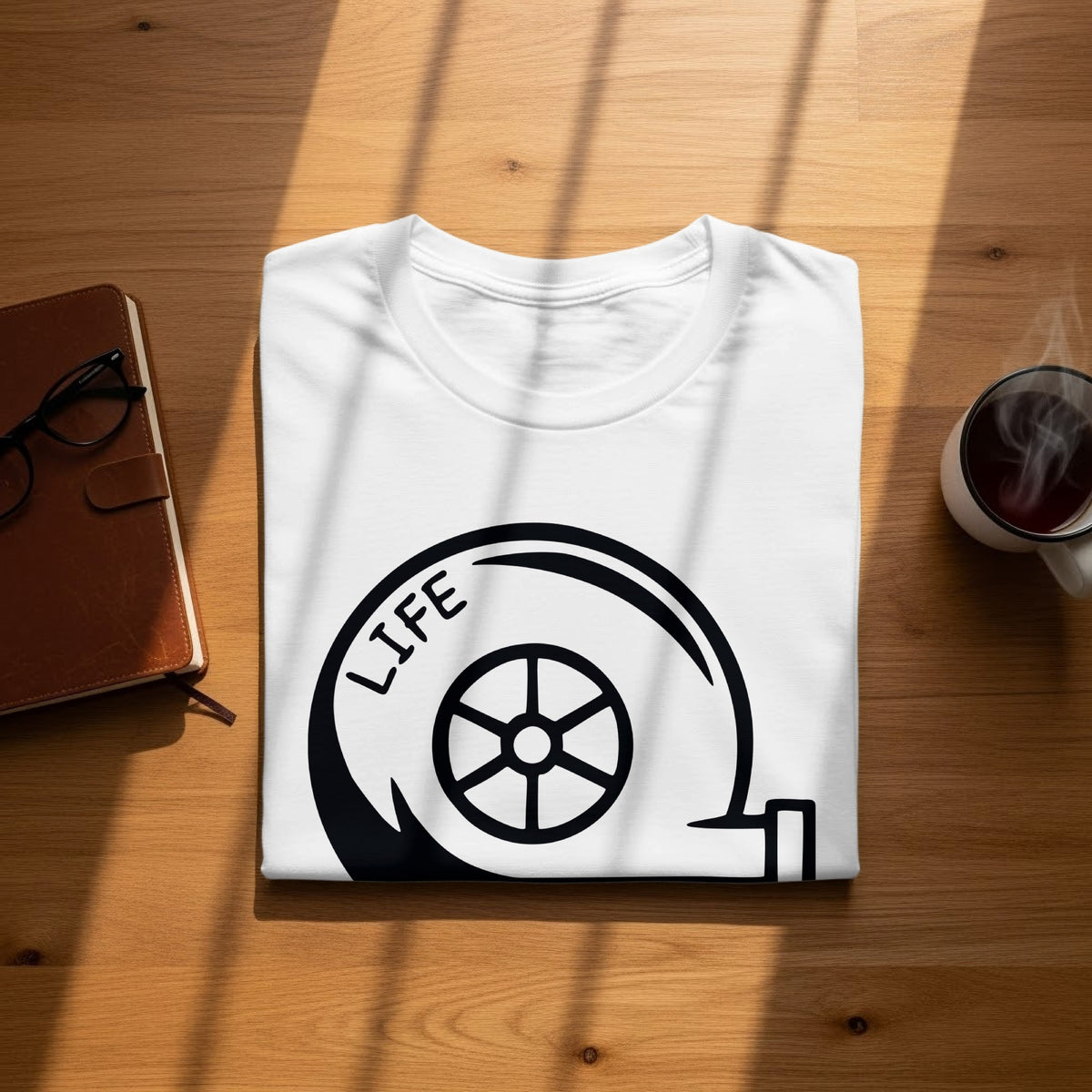 White t-shirt with black graphic of a wheel and the word "LIFE".