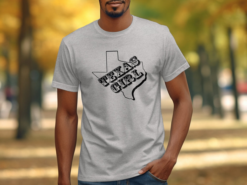 Light grey t-shirt with Texas outline and bold "TEXAS GIRL" text.