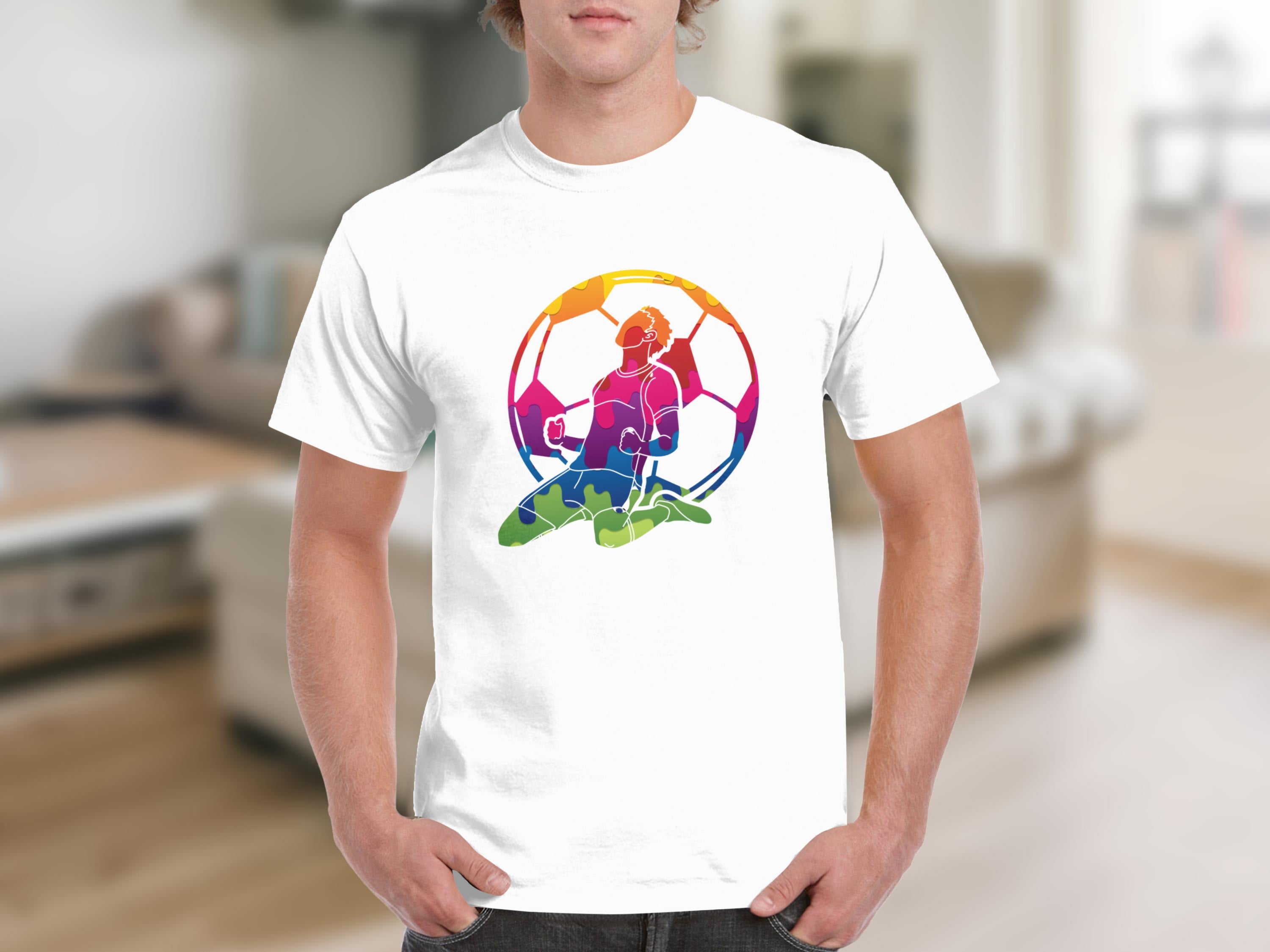 White t-shirt with a colorful soccer player celebration graphic.