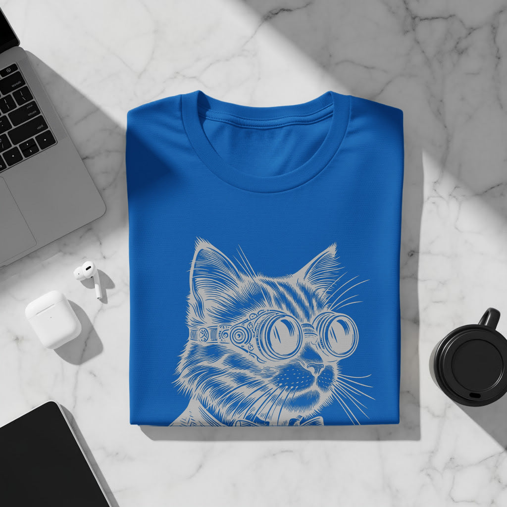 Blue t-shirt with a white line drawing of a cat wearing steampunk goggles.