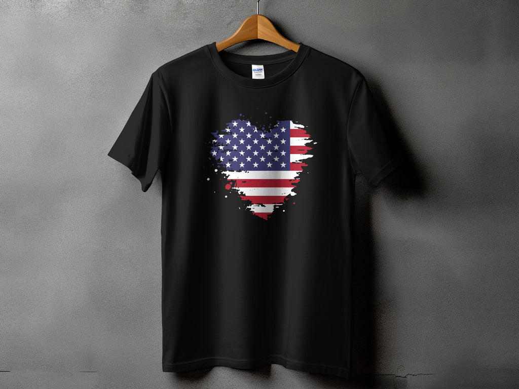 Black t-shirt with a distressed American flag heart graphic on the chest.