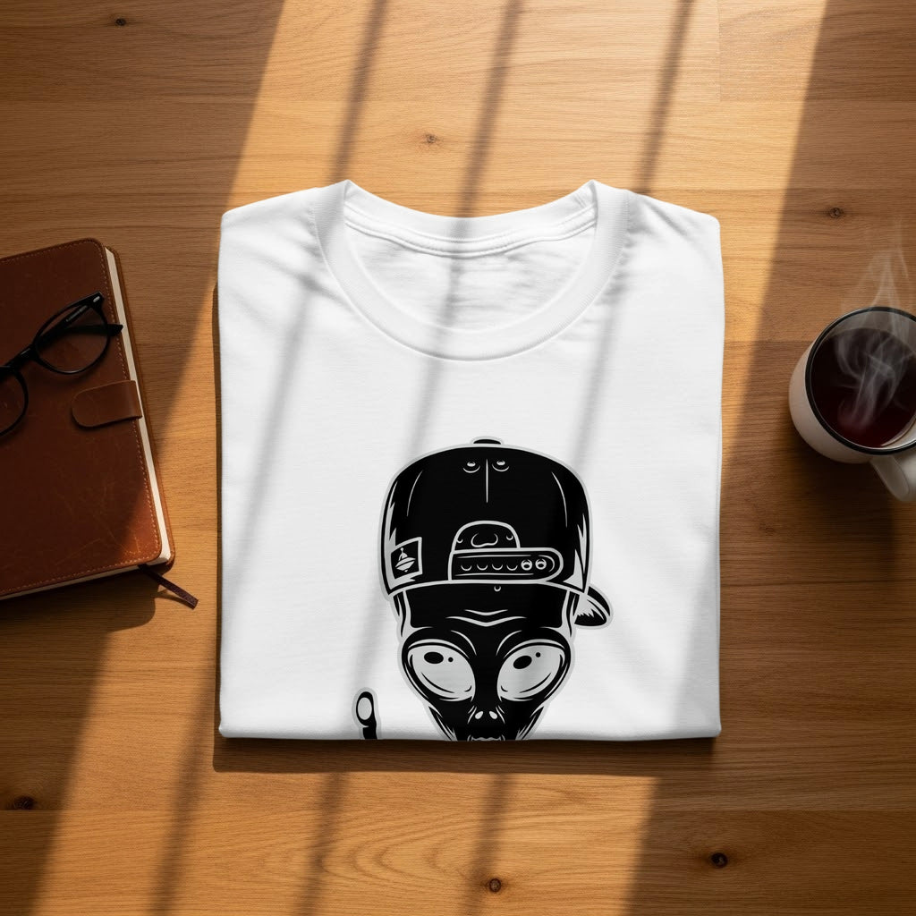 White t-shirt with a black alien wearing a backward baseball cap graphic.