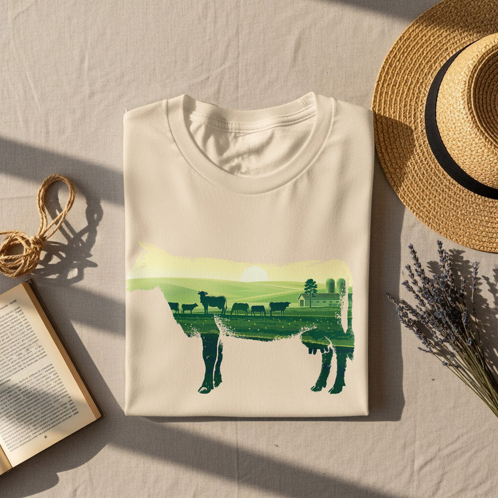 Cream t-shirt with a green landscape and cows inside a cow silhouette.
