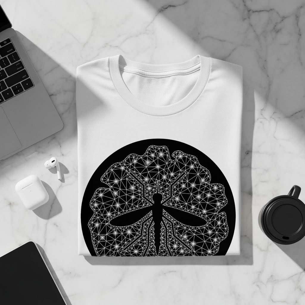 White t-shirt with a black mosquito outline design and wireframe fill.