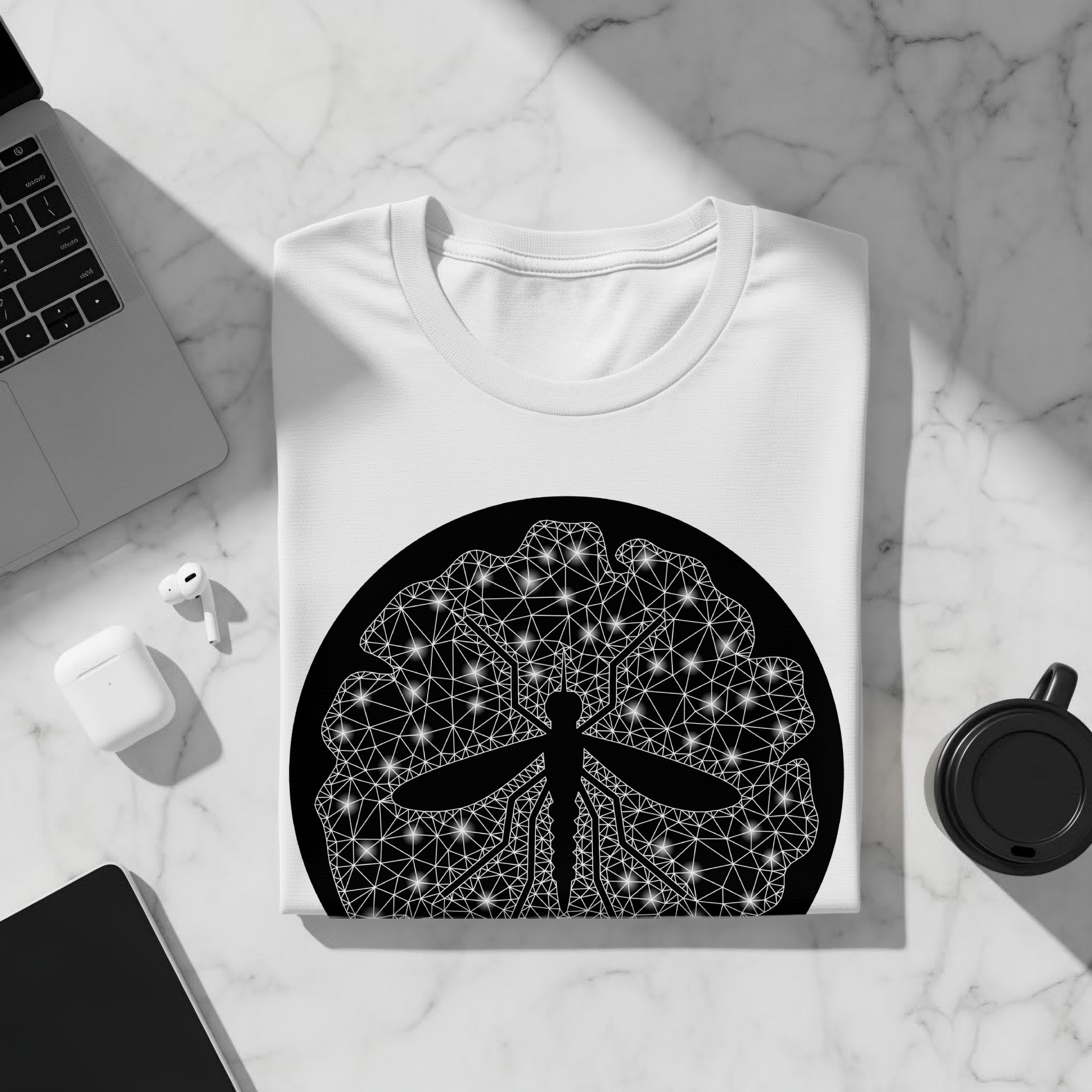 White t-shirt with a black mosquito outline design and wireframe fill.